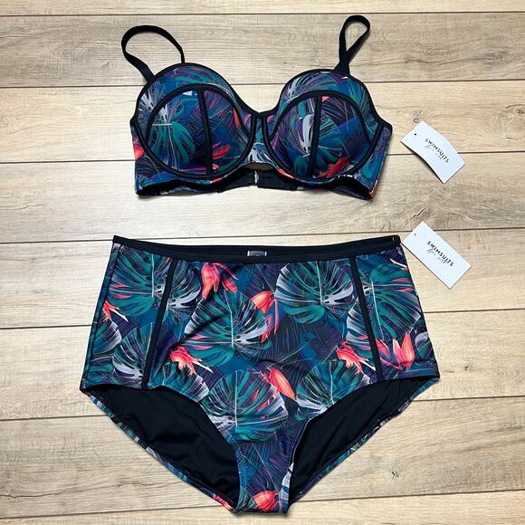 Swimsuits For All Tropical Palm Print High Waisted Bikini Size 1X - Picture 1 of 11